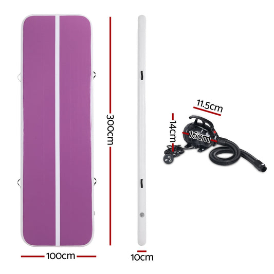 Everfit 3M Air Track Gymnastics Tumbling Exercise Yoga Mat W/ Pump Inflatable Purple
